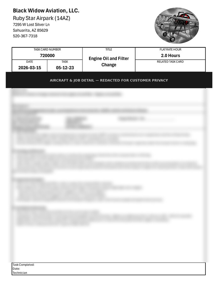 Sample Black Widow Aviation task card for an oil and filter change, redacted for customer privacy