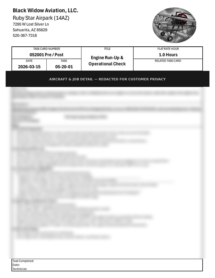 Sample Black Widow Aviation task card, redacted for customer privacy